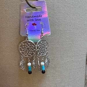 Handcrafted Silver Dreamcatcher Earrings with Turquoise Accents